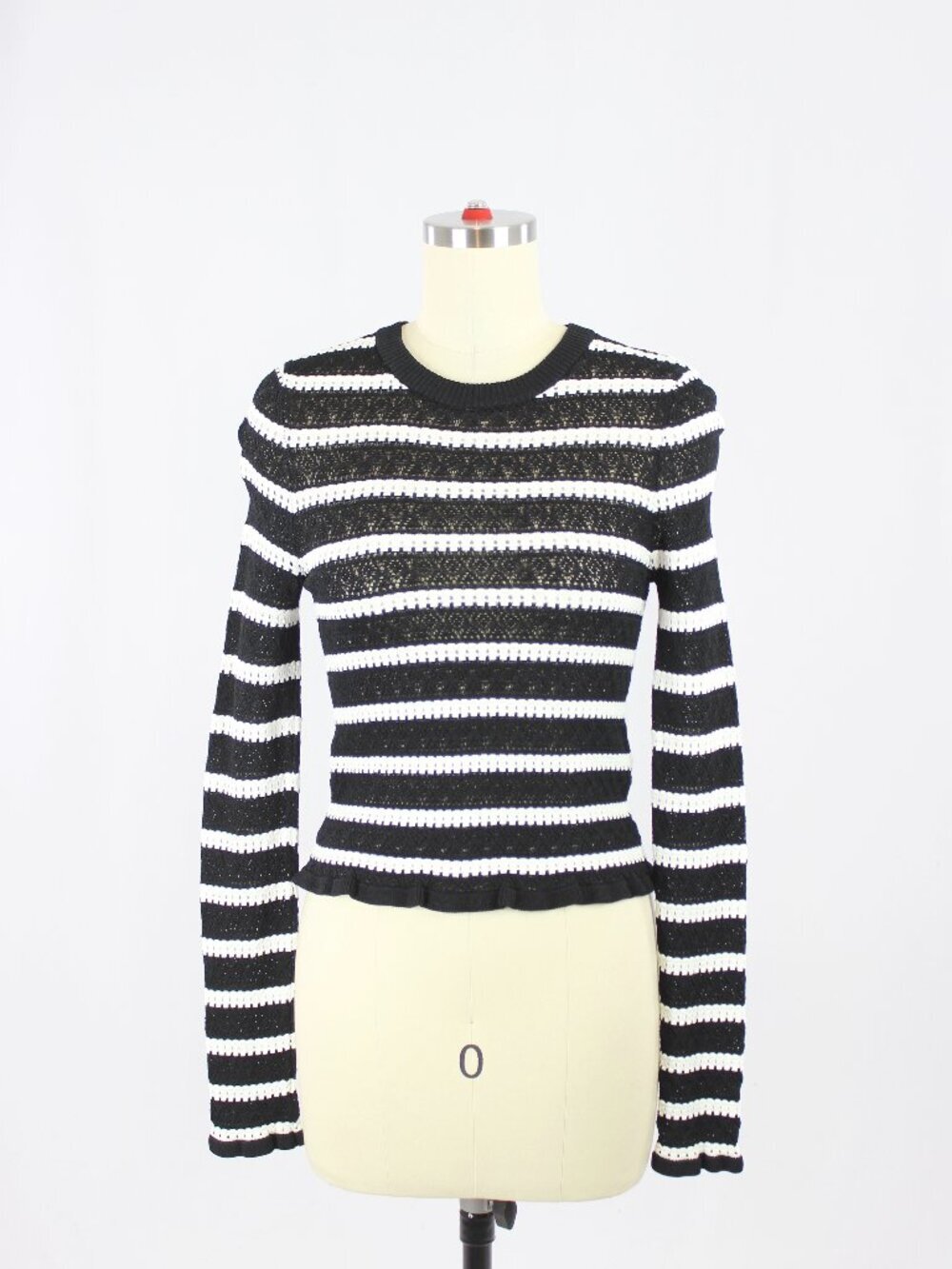 NWOT ZARA Black White Striped Synthetic Pointelle Knit Ruffle Sweater, Size M